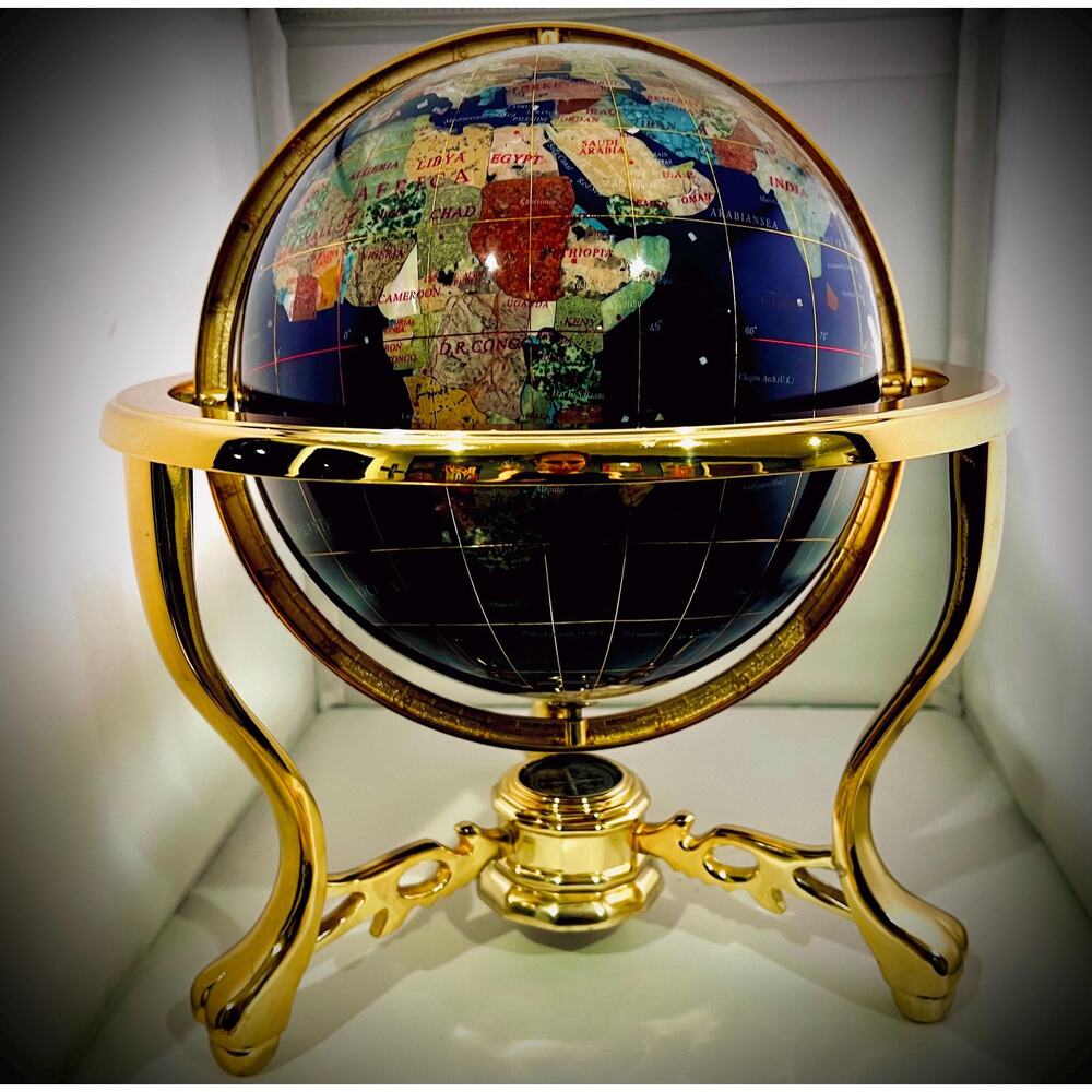 Gemstone Inlay Globe w/ Compass Base, 14” Tall – Gold-Tone Stand - Picture 8 of 10